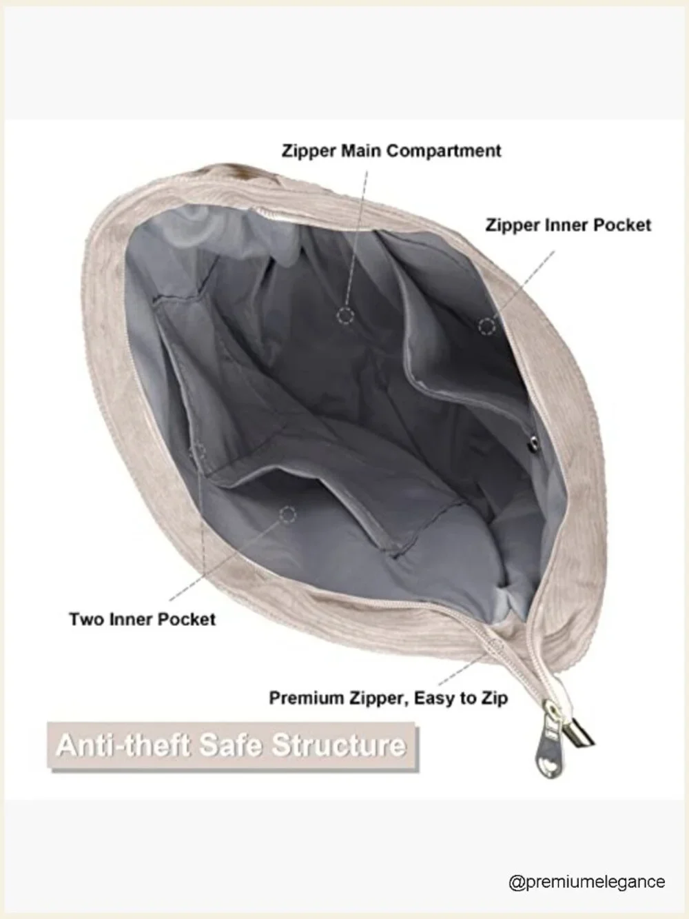 Large Corduroy Hobo Shoulder Bag Zip Closure Inner Pockets Work Travel